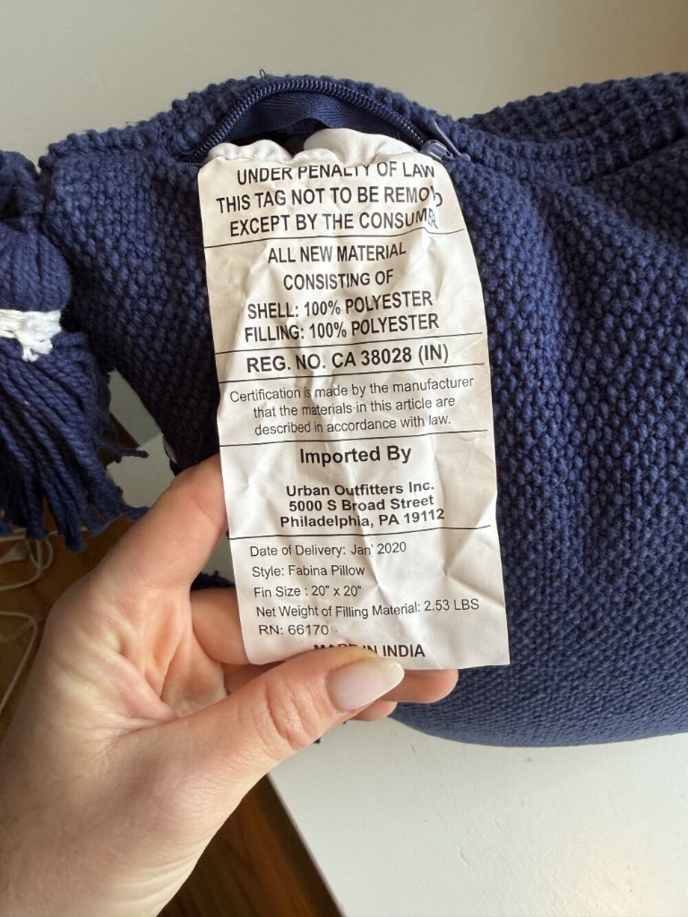 NWT Anthropologie Fabina Tasseled Home Decor Pillow Navy Blue 20 x 20 $88 [jb] - Picture 8 of 8